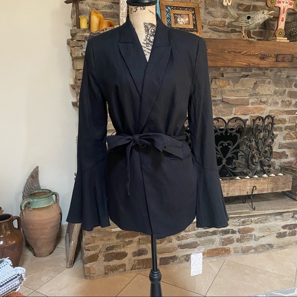 NWT FREE PEOPLE BLACK FLARED SLEEVE LINEN BLAZER L - Picture 2 of 8